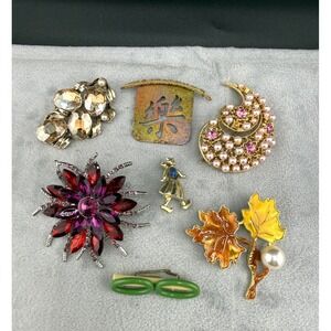 Vintage Brooch Lot Maple Leaf Dancer Figure Enamel Rhinestone Faux Pearl READ